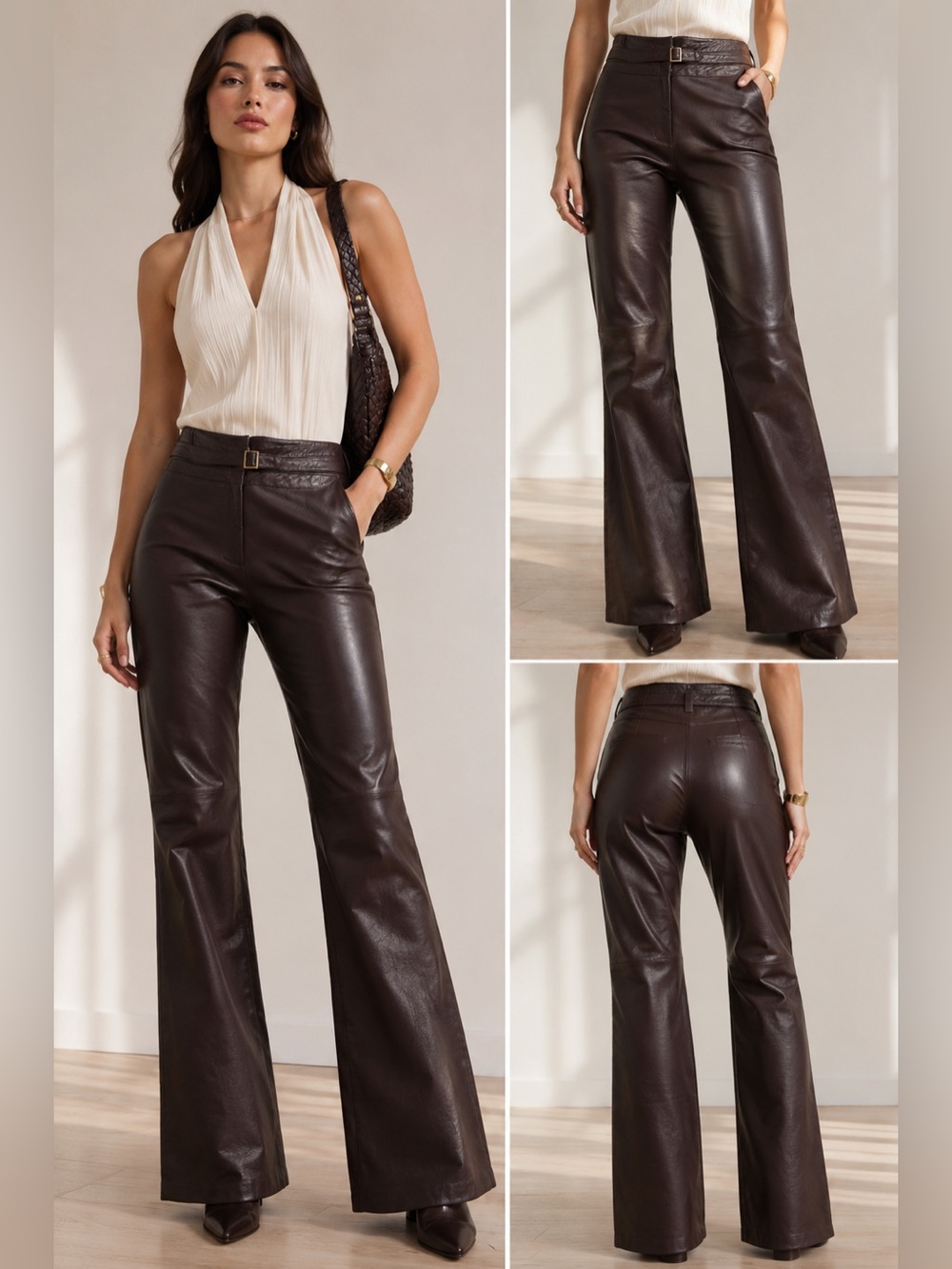 CACHÉ 100%  Lamb Leather  Brown Bootcut Flare Pants Women’s Y2K Quiet Luxury